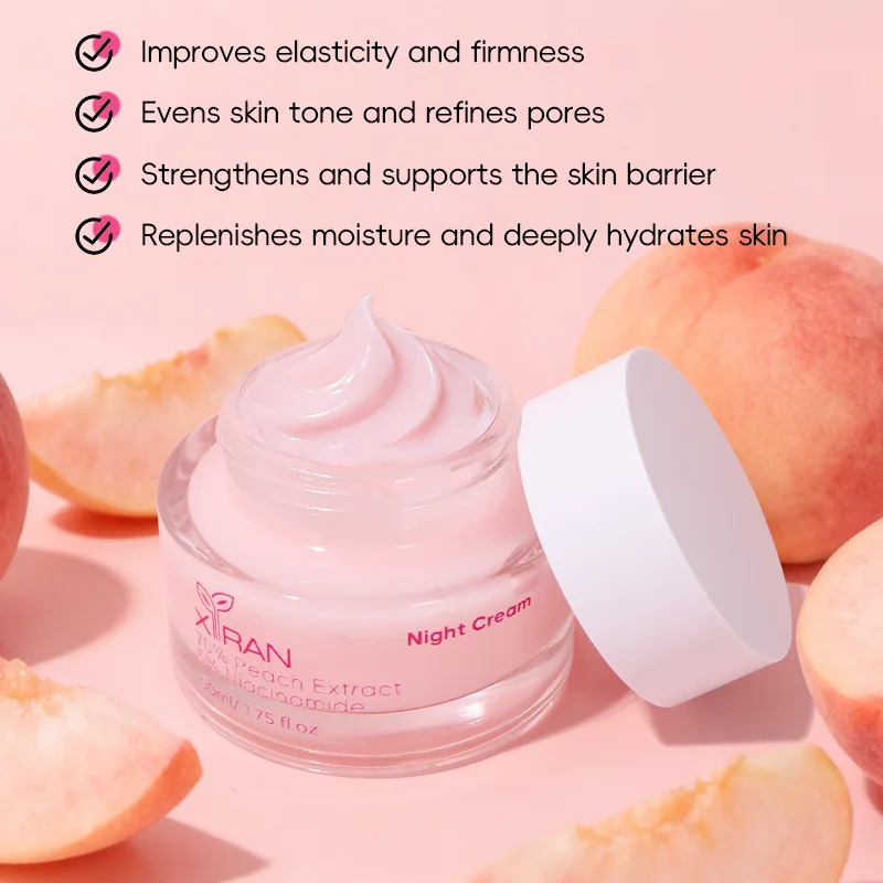 Jar of night cream with peach extract surrounded by fresh peaches, highlighting benefits like elasticity improvement and hydration.